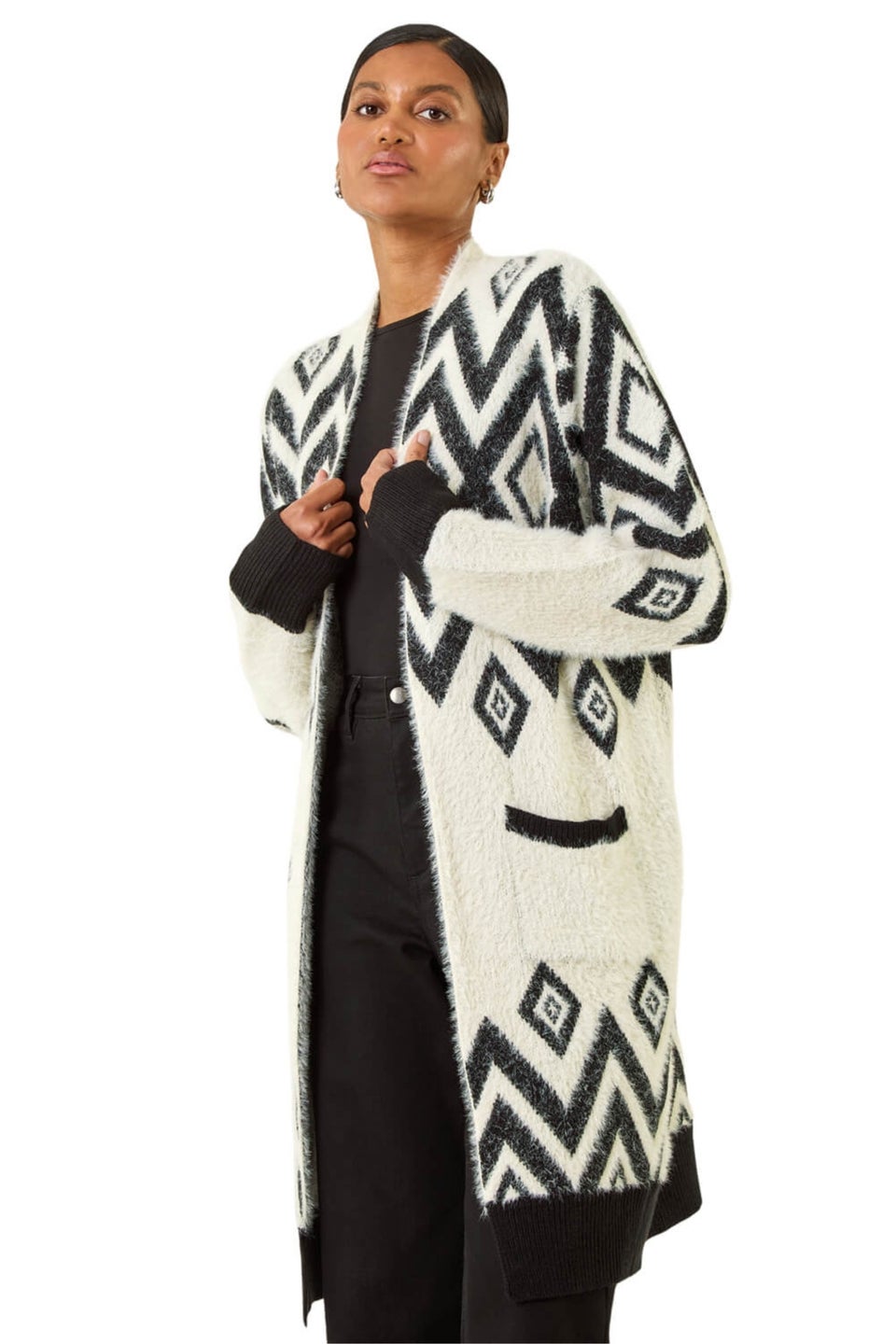 Roman Black Argyle Longline Knit Cardigan