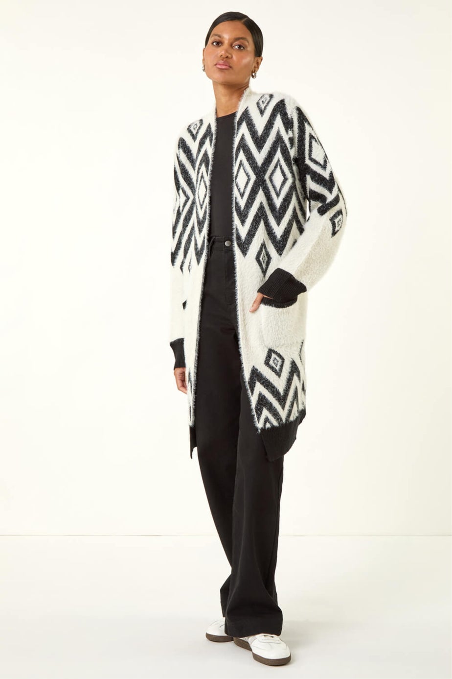 Roman Black Argyle Longline Knit Cardigan