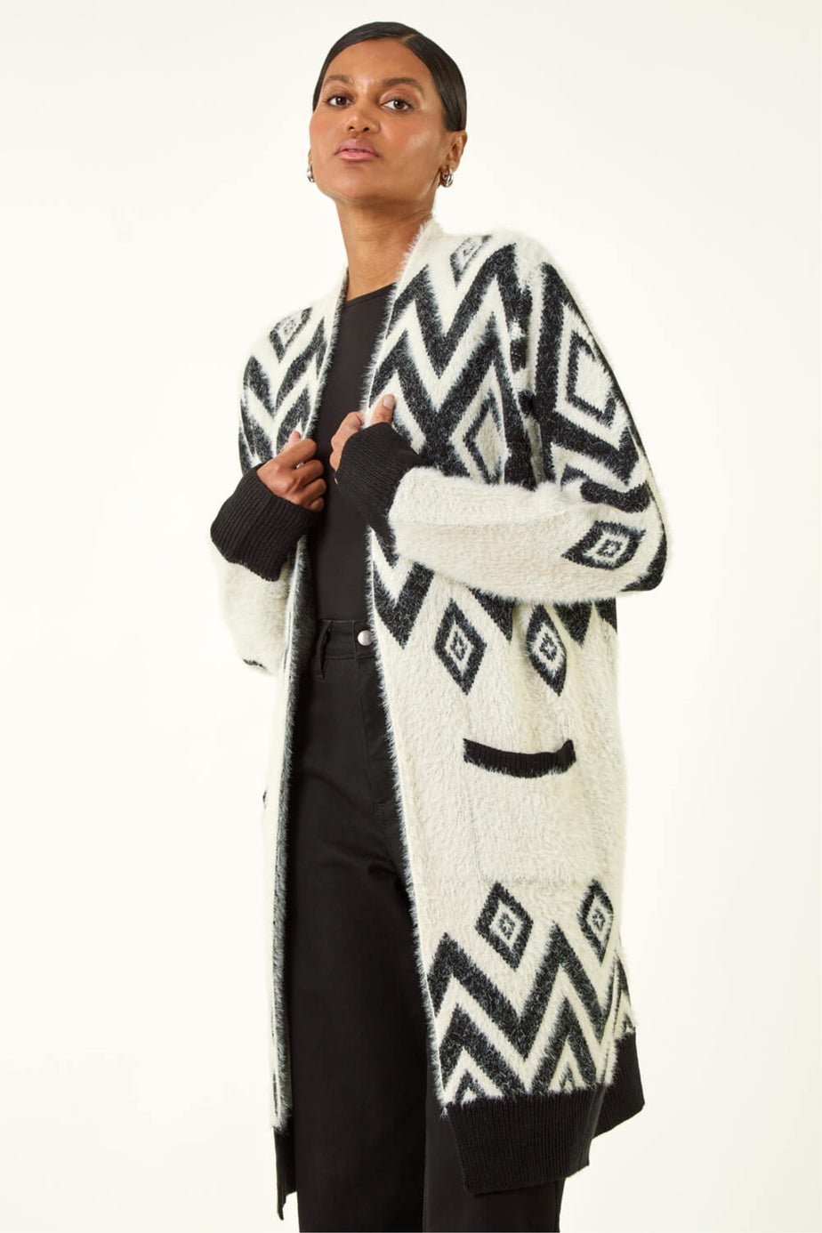Roman Black Argyle Longline Knit Cardigan