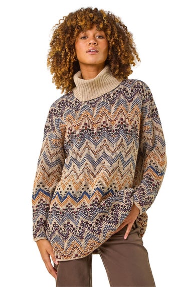 Roman Multi Jacquard Pattern Turtle Neck Knit Jumper