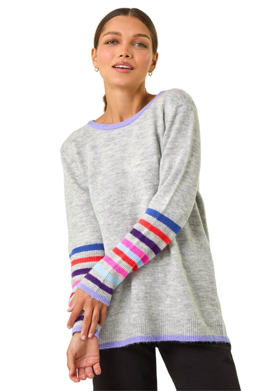 Roman Light Grey Contrast Stripe Detail Knit Jumper