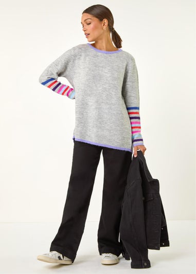 Roman Light Grey Contrast Stripe Detail Knit Jumper