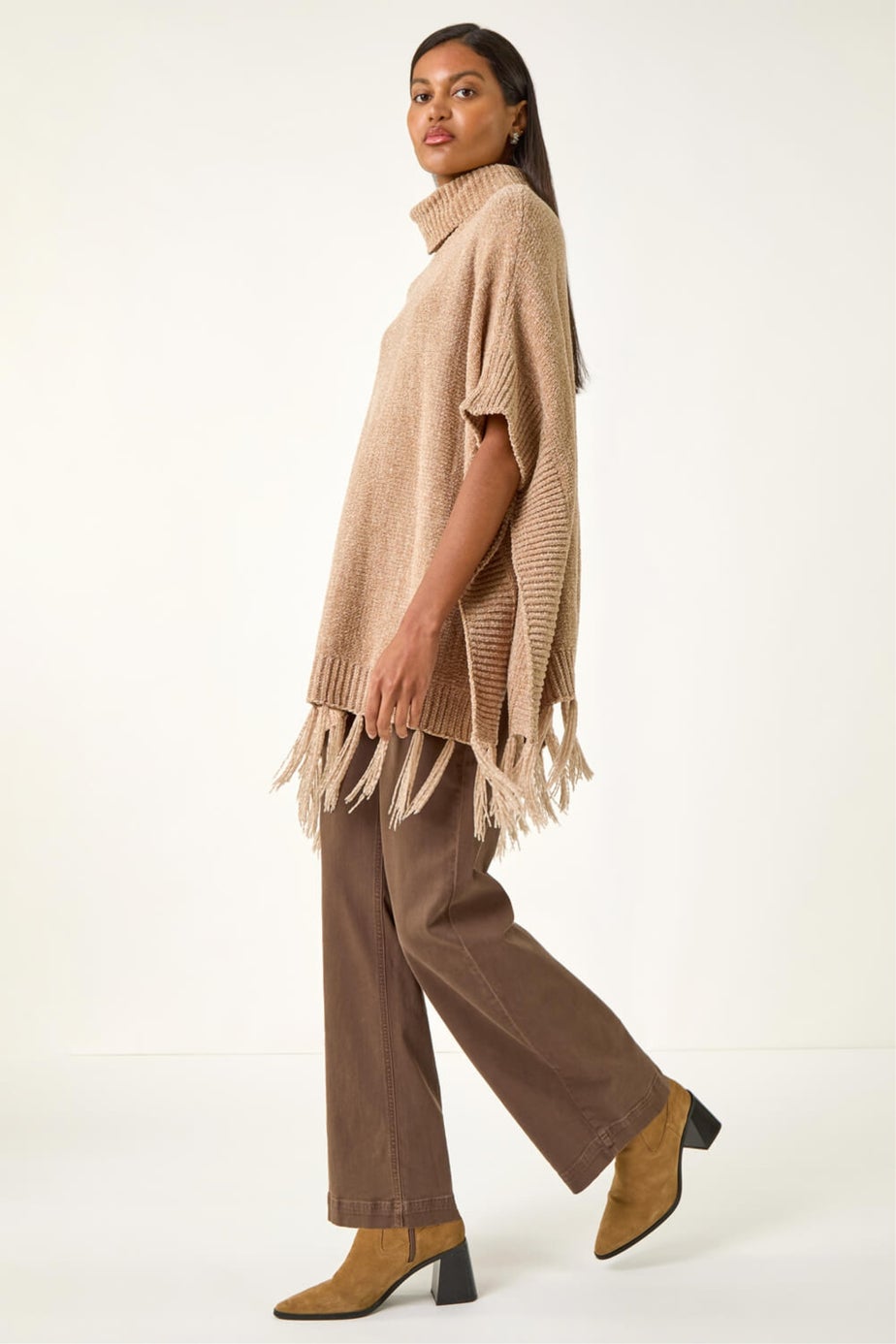 Roman Natural Tassle Trim Knit Poncho