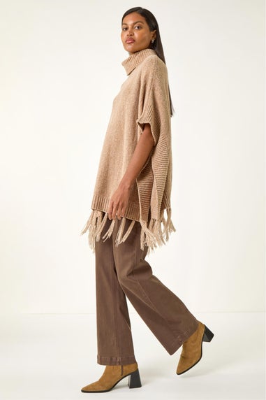 Roman Natural Tassle Trim Knit Poncho