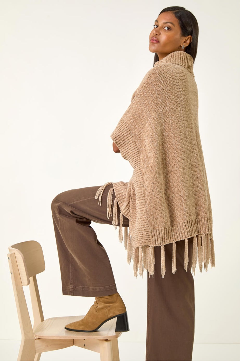 Roman Natural Tassle Trim Knit Poncho