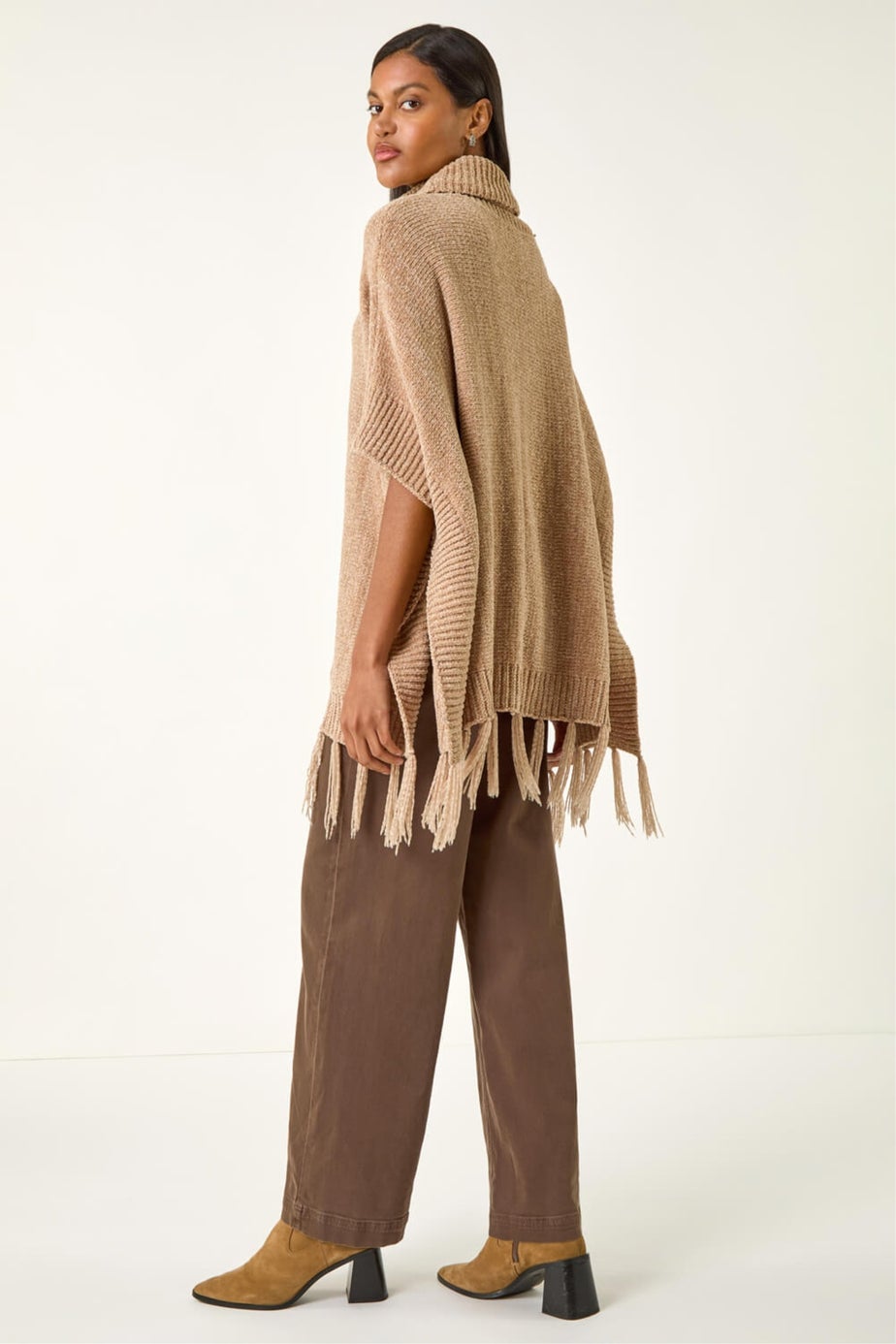 Roman Natural Tassle Trim Knit Poncho