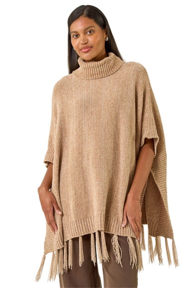 Roman Natural Tassle Trim Knit Poncho