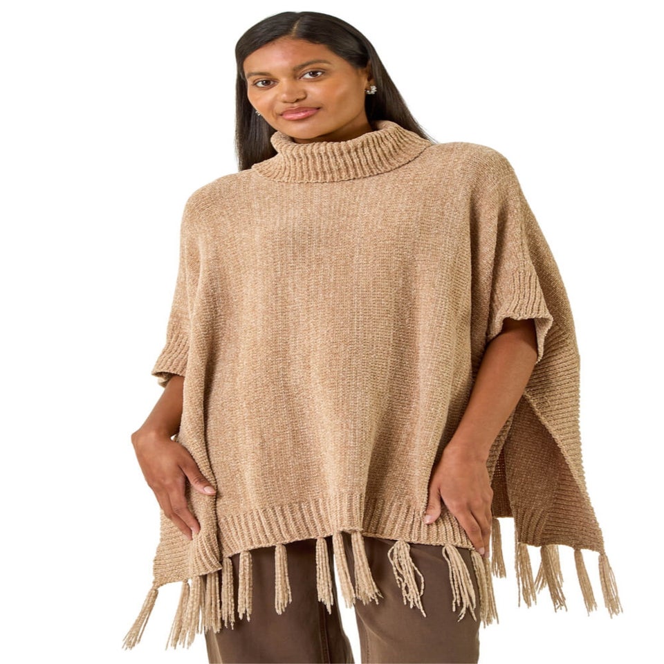 Roman Natural Tassle Trim Knit Poncho