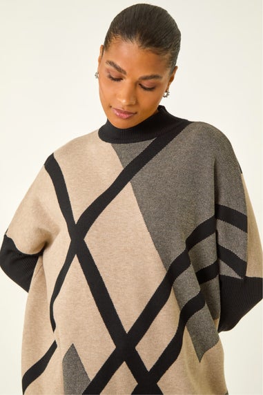 Roman Beige Plaid Asymmetric Knit Poncho