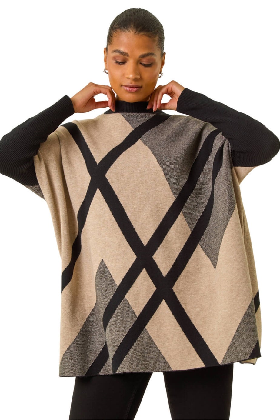 Roman Beige Plaid Asymmetric Knit Poncho