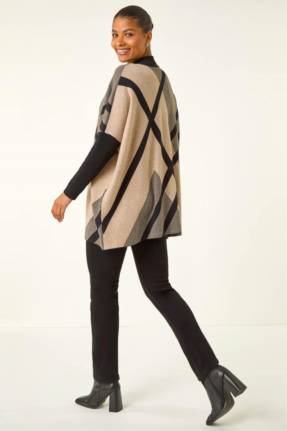 Roman Beige Plaid Asymmetric Knit Poncho