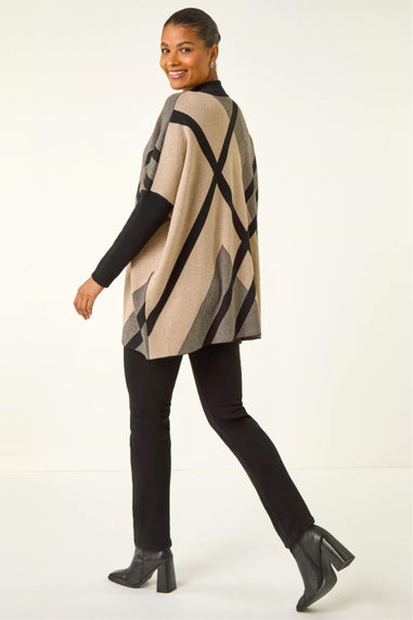 Roman Beige Plaid Asymmetric Knit Poncho