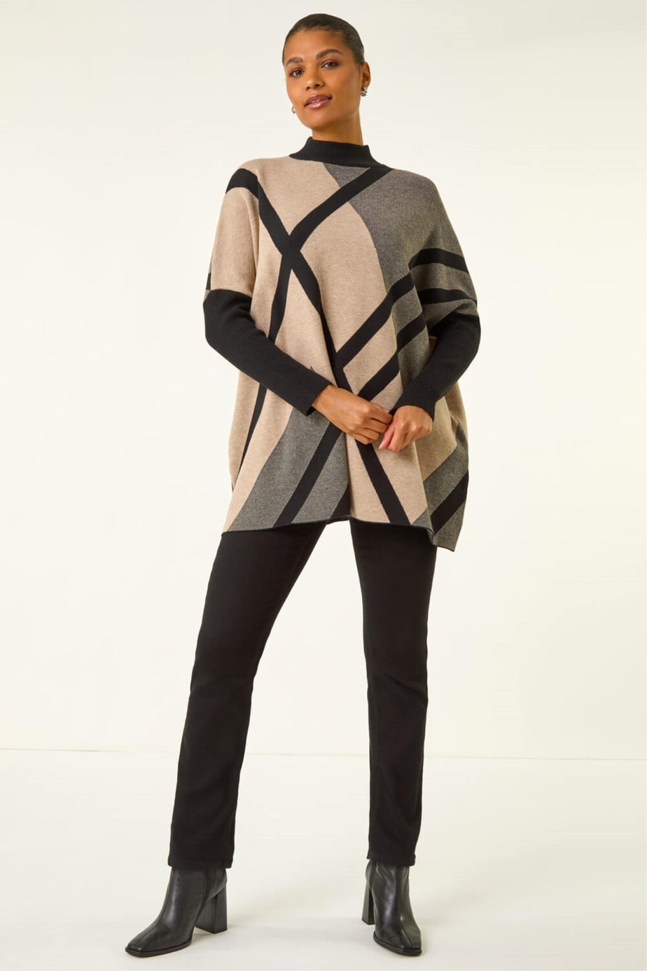 Roman Beige Plaid Asymmetric Knit Poncho