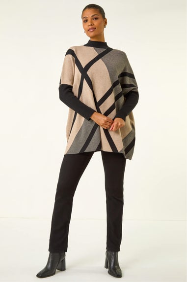Roman Beige Plaid Asymmetric Knit Poncho