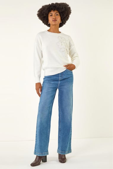 Roman Ivory Floral Embroidered Sequin Knit Jumper