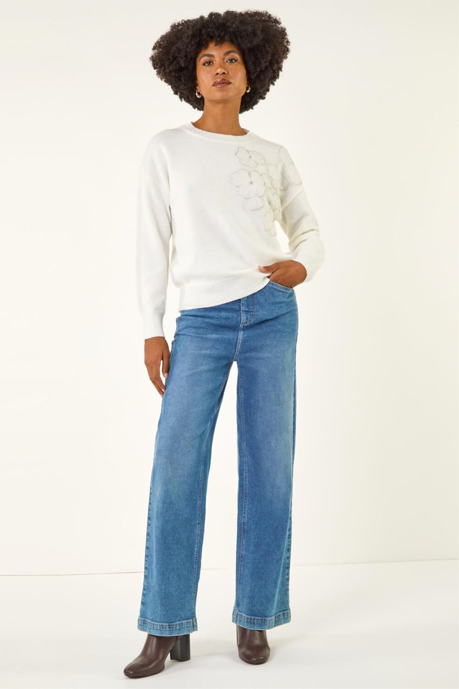 Roman Ivory Floral Embroidered Sequin Knit Jumper