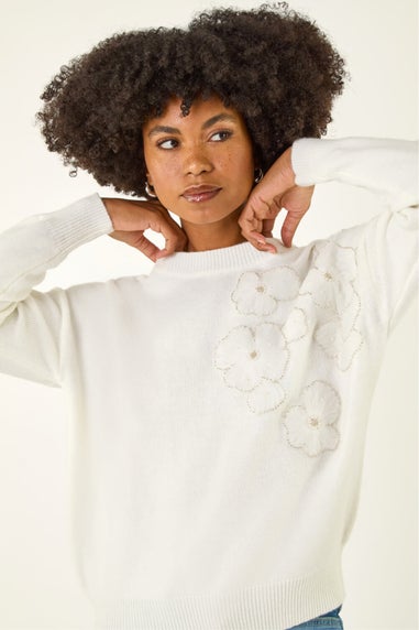 Roman Ivory Floral Embroidered Sequin Knit Jumper