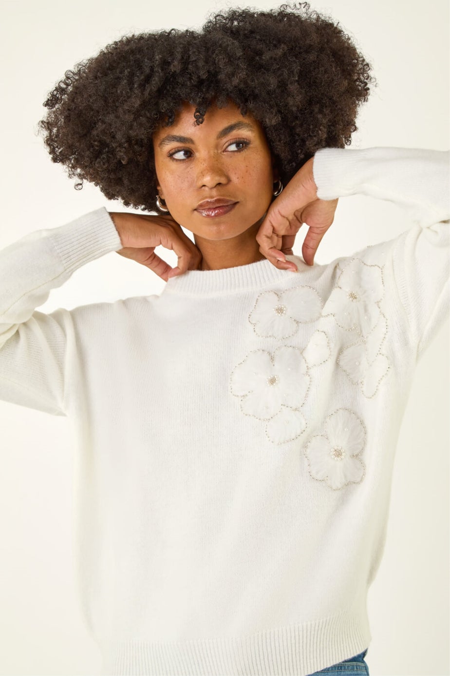 Roman Ivory Floral Embroidered Sequin Knit Jumper