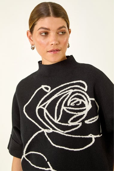 Roman Black Rose Motif High Neck Knit Jumper