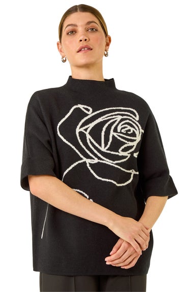 Roman Black Rose Motif High Neck Knit Jumper