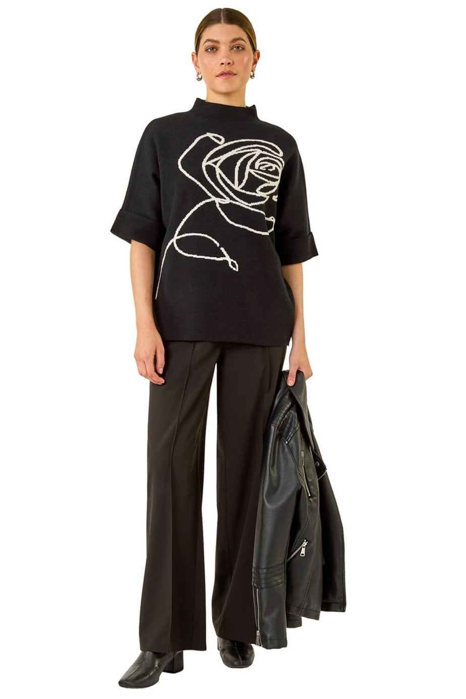 Roman Black Rose Motif High Neck Knit Jumper