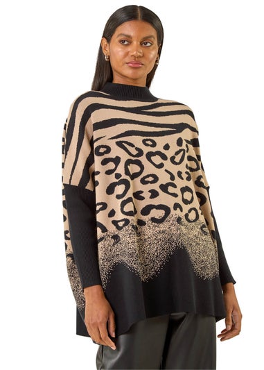 Roman Black Multi Animal Print High Neck Jumper