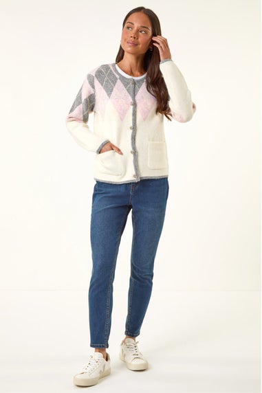Roman Ivory Petite Buttoned Argyle Knit Cardigan