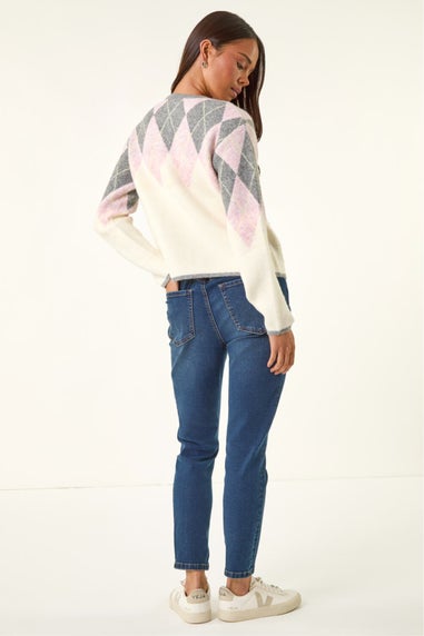 Roman Ivory Petite Buttoned Argyle Knit Cardigan