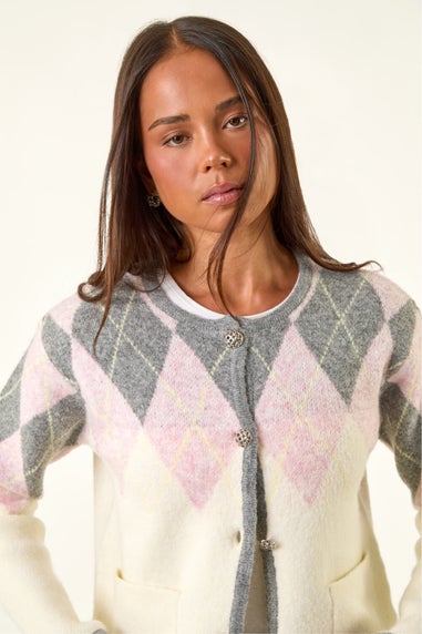 Roman Ivory Petite Buttoned Argyle Knit Cardigan
