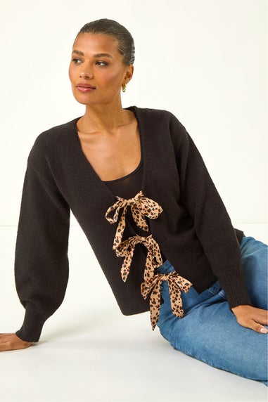 Roman Black Animal Tie Front Knit Cardigan