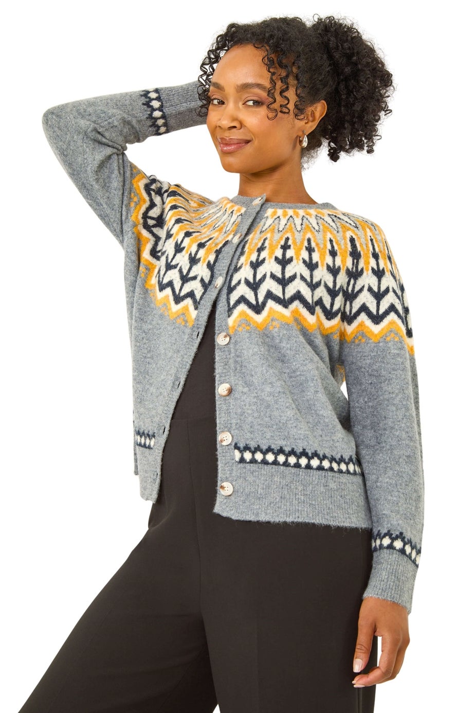 Roman Grey Petite Fairisle Buttoned Knit Cardigan