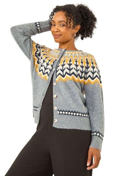 Roman Grey Petite Fairisle Buttoned Knit Cardigan