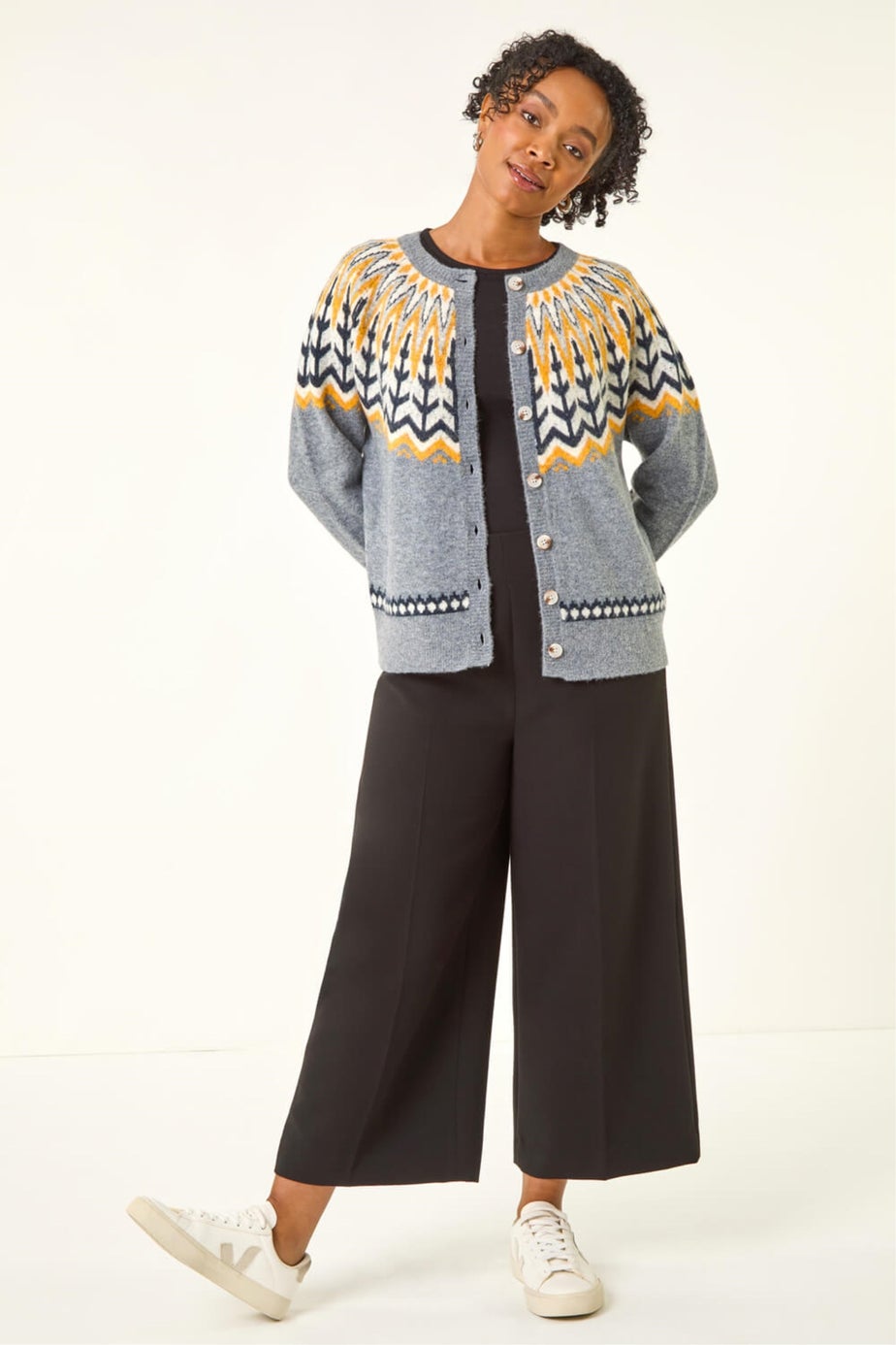 Roman Grey Petite Fairisle Buttoned Knit Cardigan