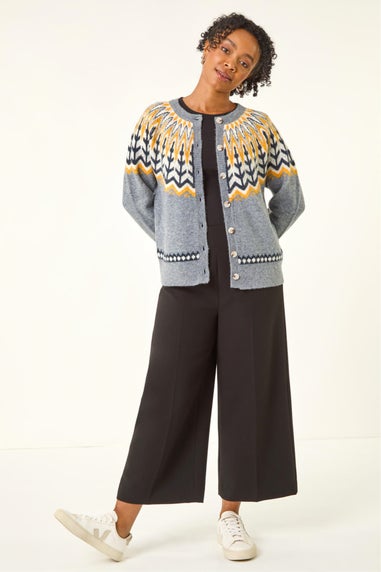 Roman Grey Petite Fairisle Buttoned Knit Cardigan