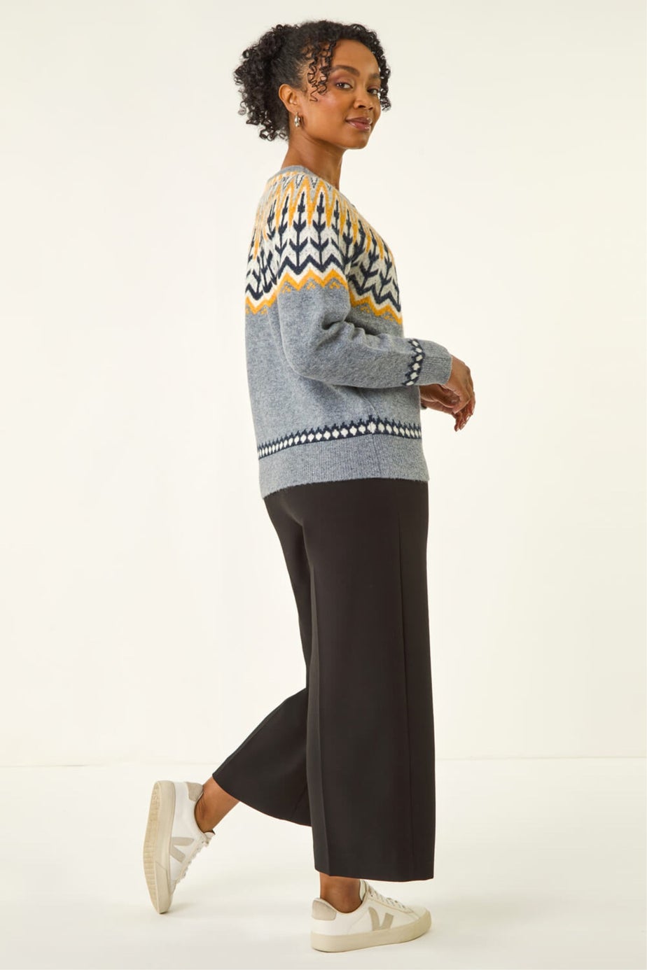 Roman Grey Petite Fairisle Buttoned Knit Cardigan