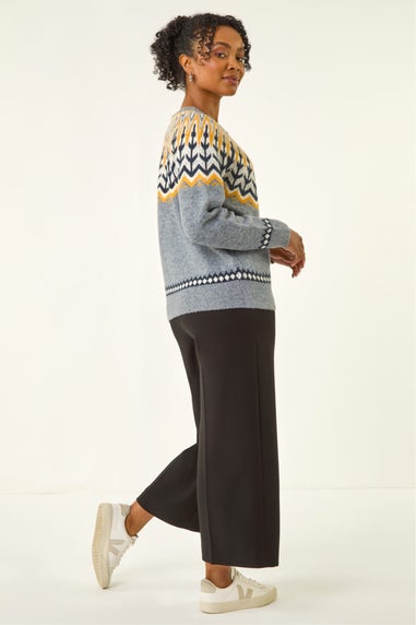 Roman Grey Petite Fairisle Buttoned Knit Cardigan