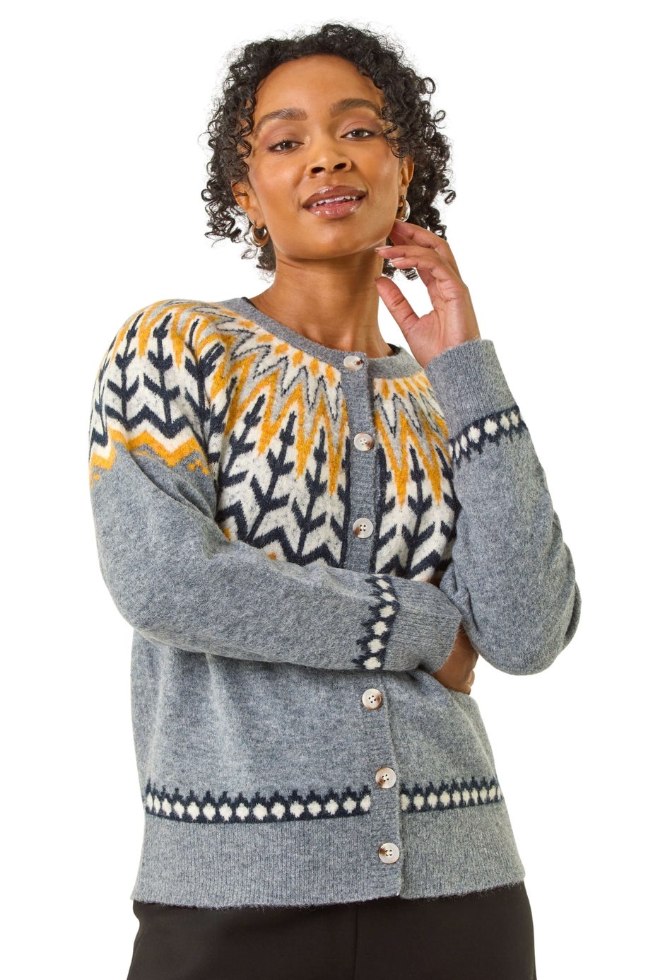 Roman Grey Petite Fairisle Buttoned Knit Cardigan