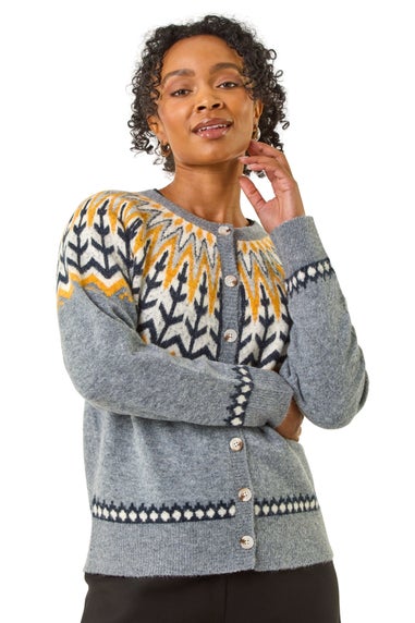 Roman Grey Petite Fairisle Buttoned Knit Cardigan