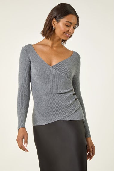 Roman Grey Wrap Button Detail Knit Jumper