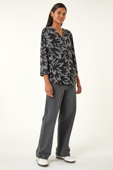 Roman Light Grey Leaf Print V-Neck Stretch Shirt