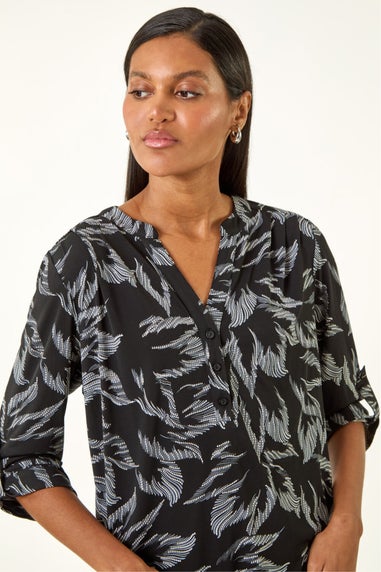 Roman Light Grey Leaf Print V-Neck Stretch Shirt