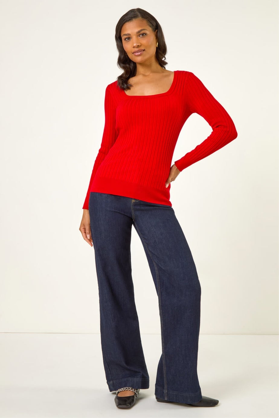 Roman Red Square Neck Ribbed Knit Jumper