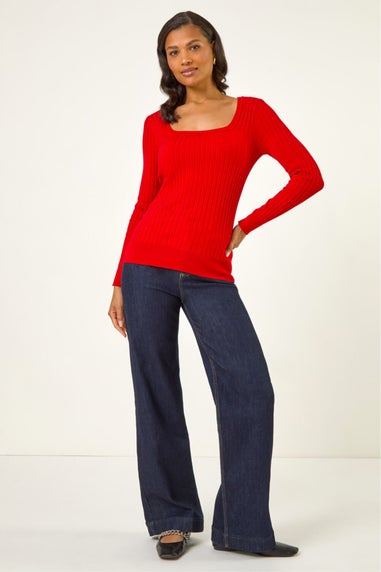 Roman Red Square Neck Ribbed Knit Jumper