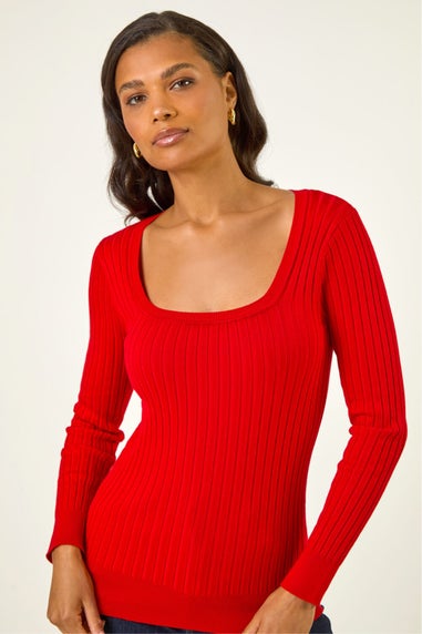 Roman Red Square Neck Ribbed Knit Jumper