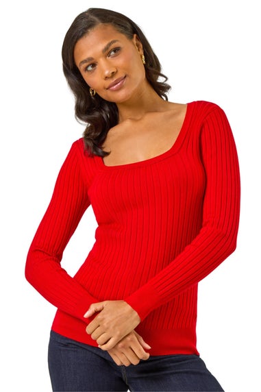 Roman Red Square Neck Ribbed Knit Jumper