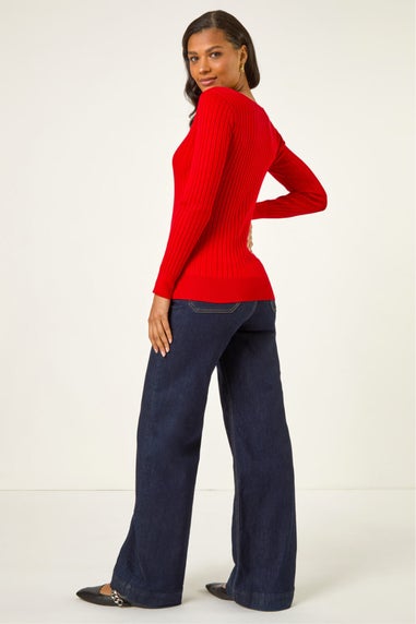 Roman Red Square Neck Ribbed Knit Jumper