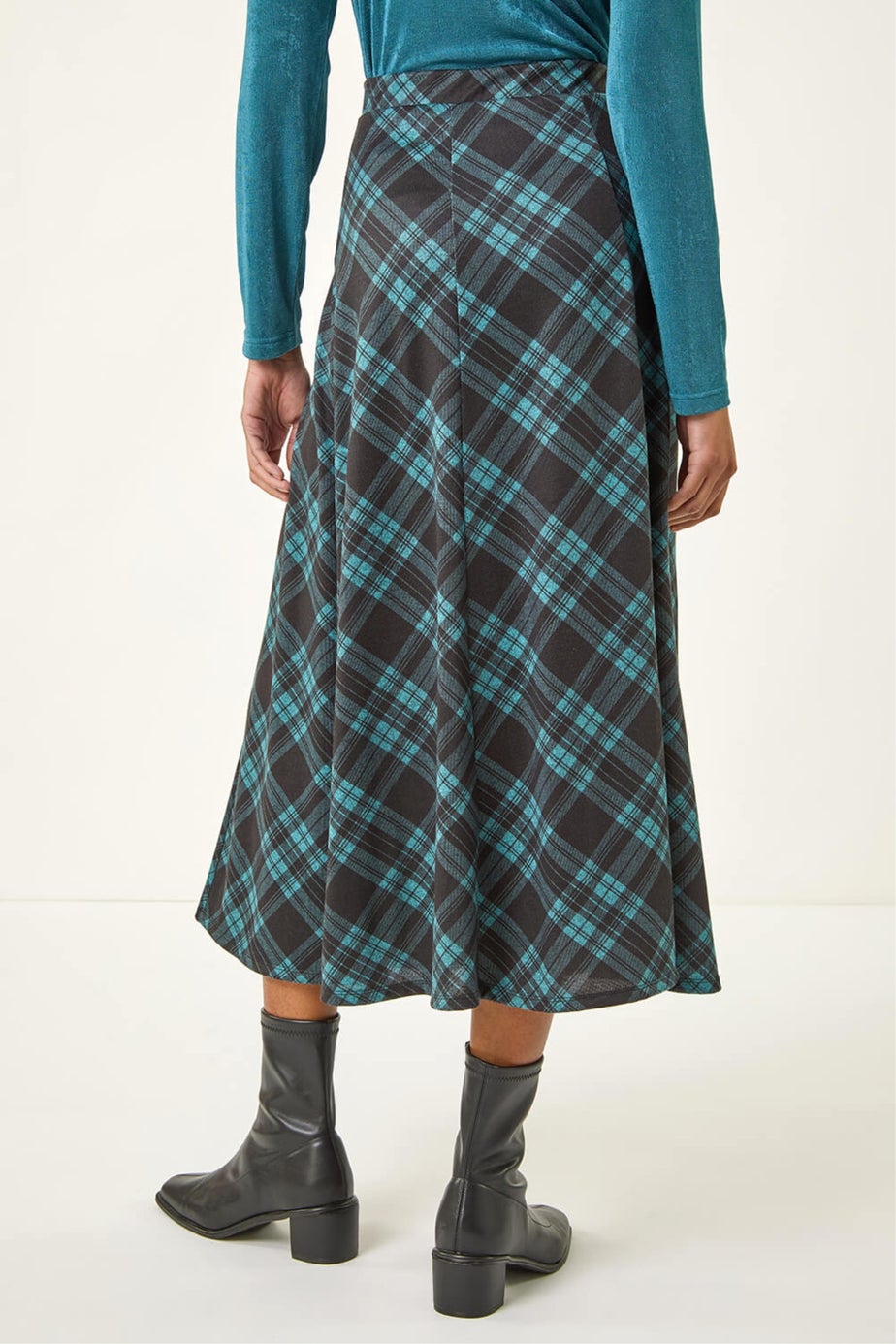Roman Teal Panelled Check Midi Skirt