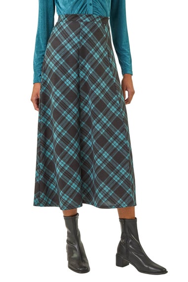 Roman Teal Panelled Check Midi Skirt