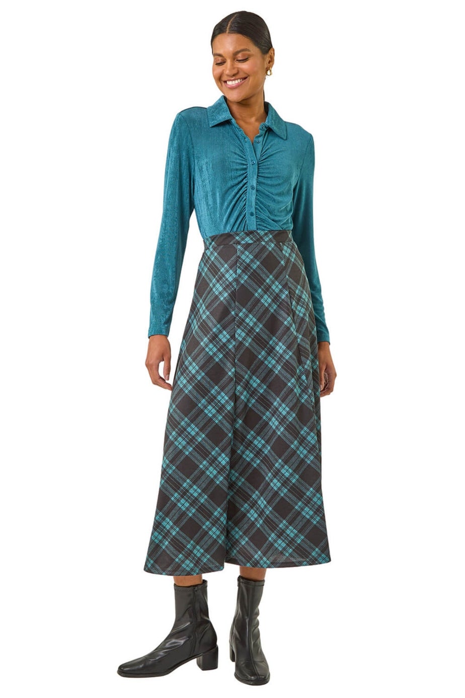 Roman Teal Panelled Check Midi Skirt