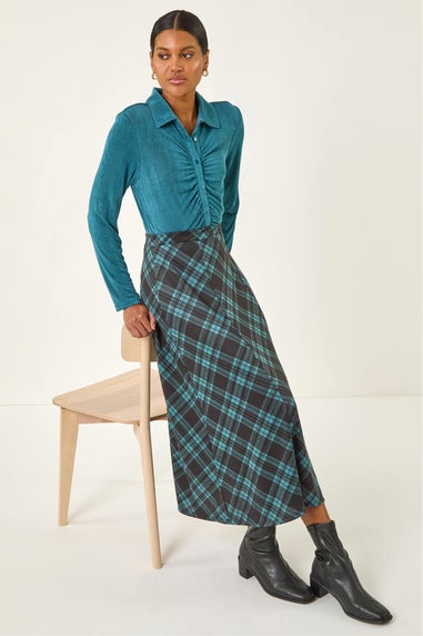 Roman Teal Panelled Check Midi Skirt